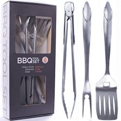 Heavy Duty BBQ Grilling Tools Set. Extra Thick Stainless Steel Spatula, Fork & Tongs. Gift B ...
