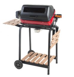 Easy Street Electric Cart Grill with two folding, composite-wood side tables, shelf and rotisserie