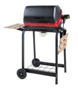 Easy Street Electric Cart Grill with two folding, composite-wood side tables and wire shelf