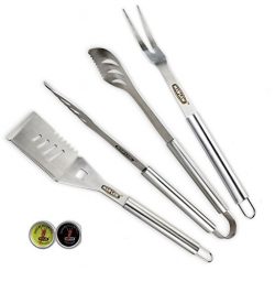 Man Law BBQ Products MAN-SH1 Series 3 Piece Bbq Tool Set with 2 Bonus Steak Therms, One Size, St ...