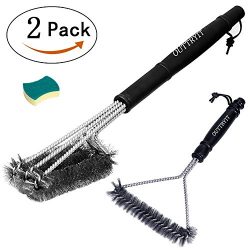 OUTTRYIT Grill Brush, Set of 2 (18″ and 12″) + 1 Sponge Rub, Barbecue Grill Brush Br ...