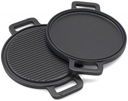 EurKitchen Pre-Seasoned Two-Sided Cast Iron Pizza Stone, Griddle and Grill Pan w/ Reinforced Han ...