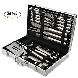 26pcs BBQ Grill Tools Set with Aluminium Case Package by U-miss, Complete Outdoor Stainless Stee ...
