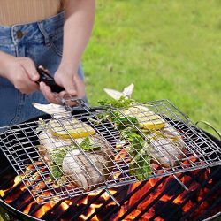WolfWise Portable BBQ Grilling Basket 430 Stainless Steel Removable Wooden Handle