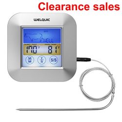 WELQUIC Digital Food Thermometer with Probe, Leave-in Stainless Steel Probe, Touch Screen Timer  ...