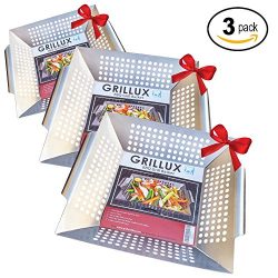 3 x Vegetable Grill Basket by GRILLUX – BBQ Gift Accessories for Grilling Veggies –  ...
