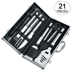 Auelife BBQ Tools Set- 21 Pieces Stainless Steel Grill Tool Kit Include 12 Barbecue Skewers 2 No ...