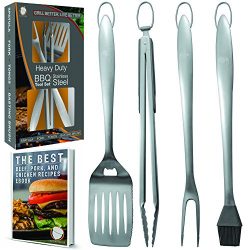 Heavy Duty BBQ Grill Tools Set | Stainless Steel Spatula, Fork, Tongs, & Basting Brush | Bar ...