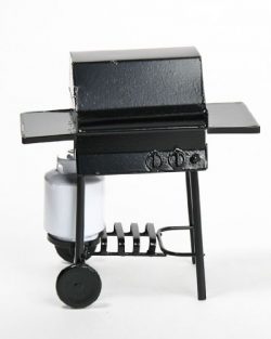 Miniature Black BBQ Grill with Side Tray and Propane Tank for Dollhouses and Crafting