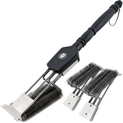 18″ Grill Brush With Scraper. UNIQUE 3 REPLACEABLE HEADS DESIGN. Best BBQ Cleaner. Safe Fo ...