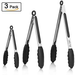 Ruigo Kitchen Tongs,Set of 3-7,9,12 inch, Stainless Steel Non-Stick Tongs with Silicone Tips for ...