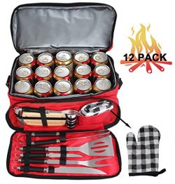 POLIGO 12PCS Stainless Steel BBQ Grill Tools Set With Red Insulated Waterproof Storage Cooler Ba ...