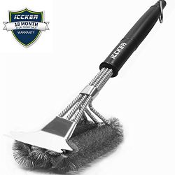 ICCKER BBQ Grill Brush-18 Barbecue Cleaning Brush with Scraper（STAINLESS STEEL） 3 in 1 Bristle ...