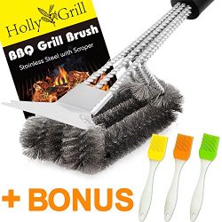 Stainless Steel Grill Brush and Scraper – BONUS 3 Silicone BBQ Brushes – 18” Grill C ...