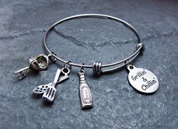 Grillin and Chillin Charm Bracelet Expandable Stainless Steel Bangle with BBQ Grill Beer and Spatula