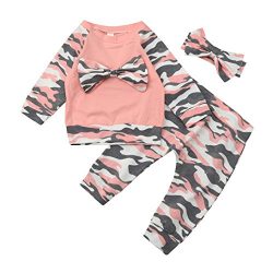 Nevera 3Pcs Newborn Toddler Baby Camouflage Bow Tops Pants Outfits Set Clothes (70, Pink)