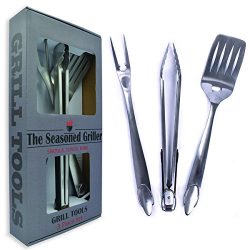 The Seasoned Griller 3 Piece Grilling Tool set, Fork, Spatula & Tongs, Heavy Duty Premium St ...