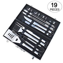 Auelife BBQ Tools Set 19 Pieces Durable Grill Tool Kit w/Elongated Handle Stainless Steel Barbec ...