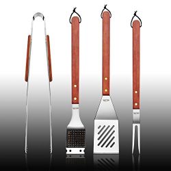 New Star Foodservice 59007 Stainless Steel Barbecue Tool Set with Solid Hard Wood Handles, Set of 4