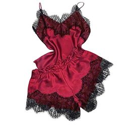 Gallity Womens Lace Trim Sleepwear Sexy Lingerie Satin Pajamas Cami Shorts Set Nightwear (M, Red)