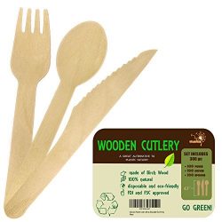 Disposable Wooden Cutlery Set | 300 pc Wooden Utensils Set – 100 Forks, 100 Knives, and 10 ...