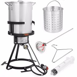 Stark Deluxe 30 QT Aluminum Turkey Deep Fryer Pot Boiling Lid and Gas Stove Burner Stand Injecto ...