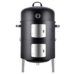 Realcook Vertical 17 Inch Steel Charcoal Smoker, Heavy Duty Round BBQ Grill for Outdoor Cooking, ...