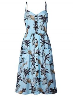 ECHOINE Women Sling Blue Pineapple Floral Beach Dress Sleeveless Slim Waist