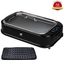 KCZAZY Electric Smokeless Grill with Glass Lid, Indoor and Outdoor Use, Portable BBQ Grilling &a ...