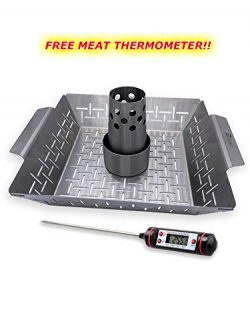 Large Stainless Steel BBQ Grill Basket Set with Free Meat Thermometer- Beer Can Chicken Holder/R ...
