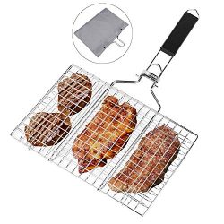 BBQ Barbecue Grilling Basket,Portable Stainless Steel Barbecue Net Fork with Removeable Handle.  ...