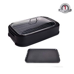 YOURLITE Electric Smokeless Grill with Tempered Glass Lid, Indoor BBQ Grilling and Searing with  ...