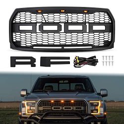 Grille for 2015 2016 2017 Ford F150, AAIWA Front Grill Replacement with Amber LED Light Raptor S ...