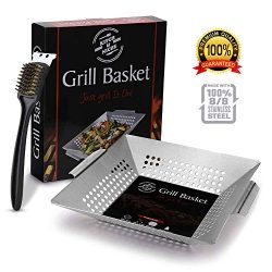 BBQ Grilling Basket with Barbeque Cleaning Brush, Wok, Pan Fish, Meat, Vegetables, Grill | Heavy ...