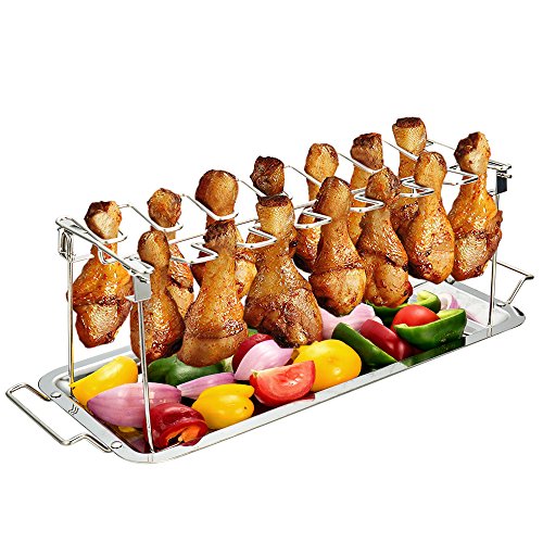 G.a HOMEFAVOR Chicken Leg Wing Rack 14 Slots Stainless Steel Metal Roaster Stand with Drip Tray  ...