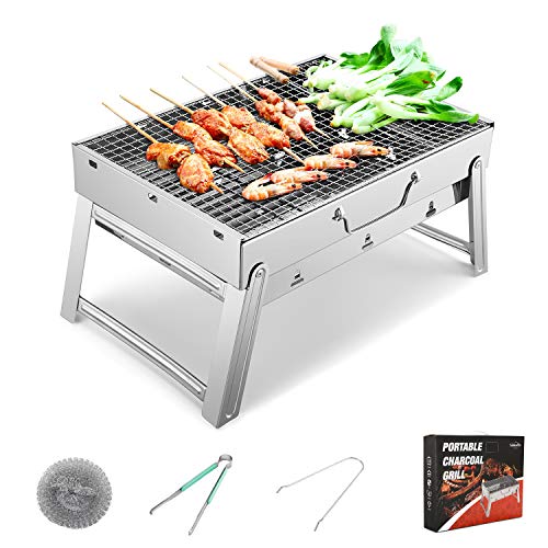 Sunkorto 15.4×10.6×8 Inch Folded Charcoal BBQ Grill Set, Stainless Steel Portable Fold ...