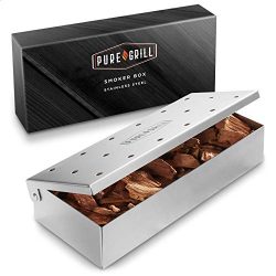 Pure Grill BBQ Smoker Box – Heavy Duty Stainless Steel with Hinged Lid for Wood Chips R ...